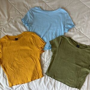 SHEIN Ribbed Short Sleeve Tops - Mustard, Olive, and Sky Blue